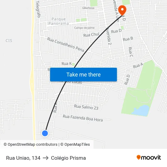 Rua Uniao, 134 to Colégio Prisma map