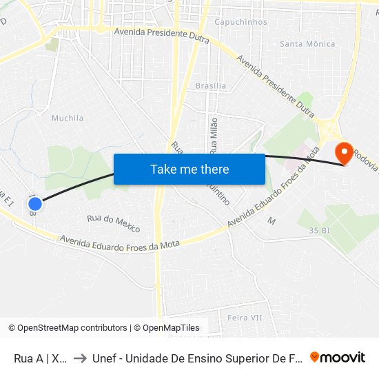 Rua A | Xvi, 18 to Unef - Unidade De Ensino Superior De Feira De Santana map