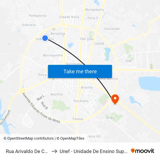 Rua Arivaldo De Carvalho, 760-824 to Unef - Unidade De Ensino Superior De Feira De Santana map