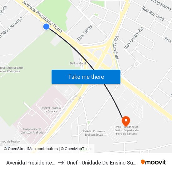 Avenida Presidente Dutra, 3137-3161 to Unef - Unidade De Ensino Superior De Feira De Santana map