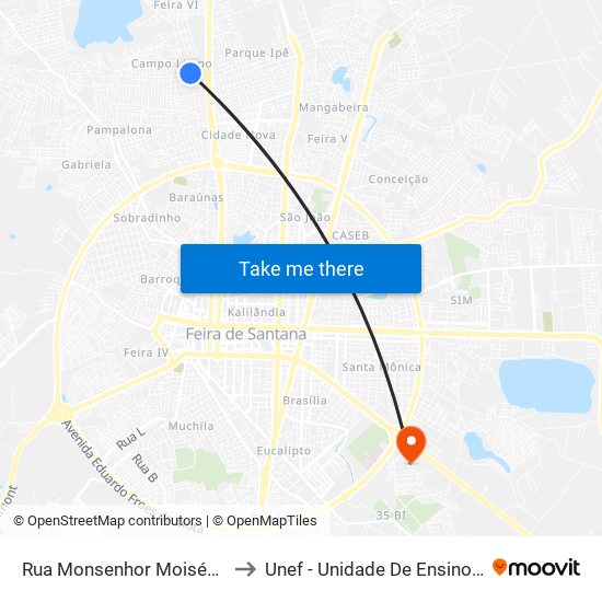 Rua Monsenhor Moisés Gonçalves Do Couto, 2511 to Unef - Unidade De Ensino Superior De Feira De Santana map