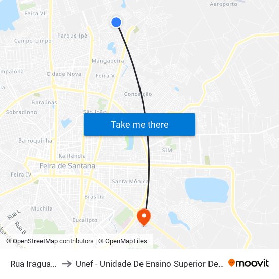 Rua Iraguara, 140 to Unef - Unidade De Ensino Superior De Feira De Santana map