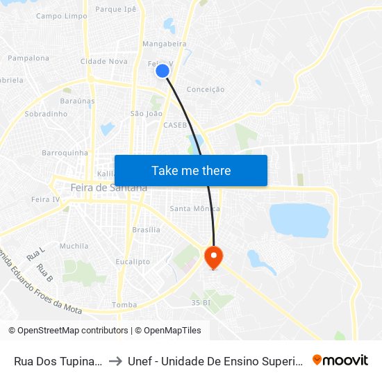 Rua Dos Tupinambás, 1045 to Unef - Unidade De Ensino Superior De Feira De Santana map