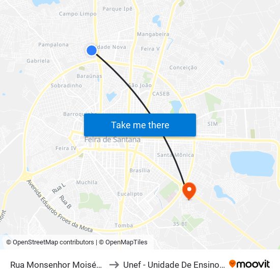 Rua Monsenhor Moisés Gonçalves Do Couto, 1130 to Unef - Unidade De Ensino Superior De Feira De Santana map