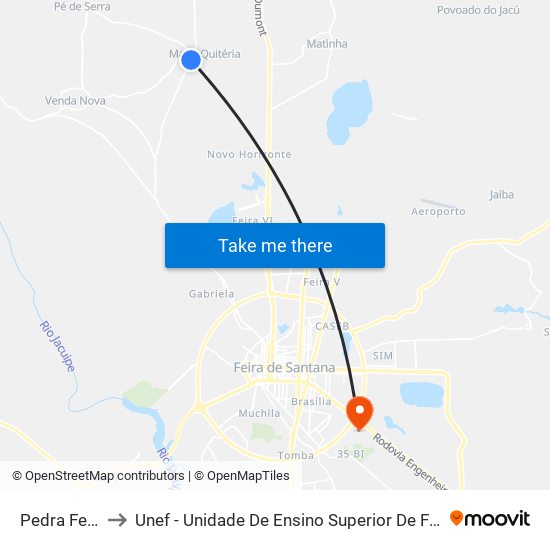 Pedra Ferrada to Unef - Unidade De Ensino Superior De Feira De Santana map