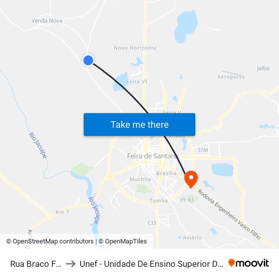 Rua Braco Forte, 80 to Unef - Unidade De Ensino Superior De Feira De Santana map