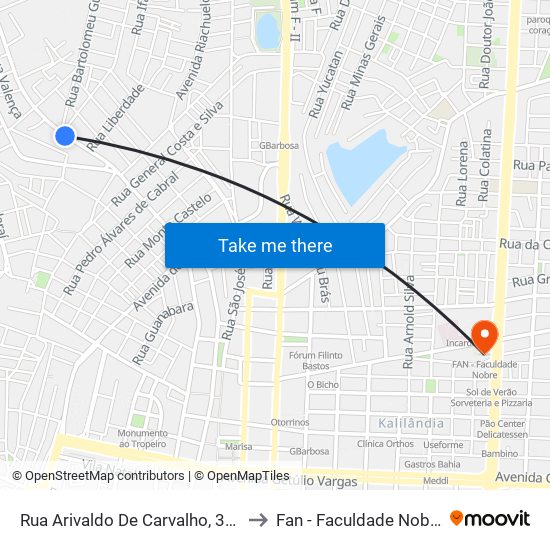 Rua Arivaldo De Carvalho, 364 to Fan - Faculdade Nobre map