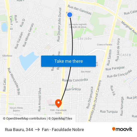 Rua Bauru, 344 to Fan - Faculdade Nobre map