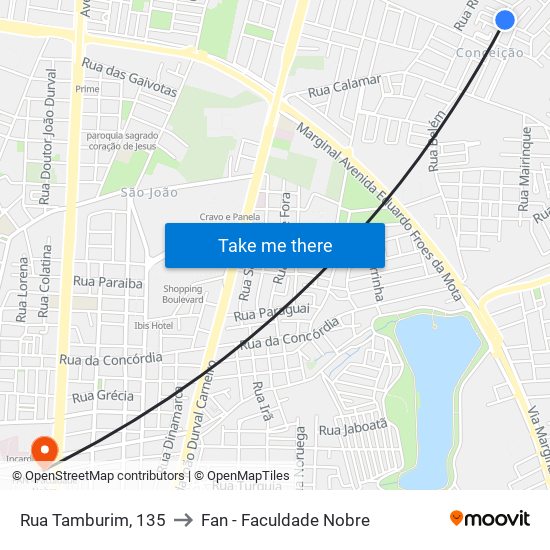 Rua Tamburim, 135 to Fan - Faculdade Nobre map