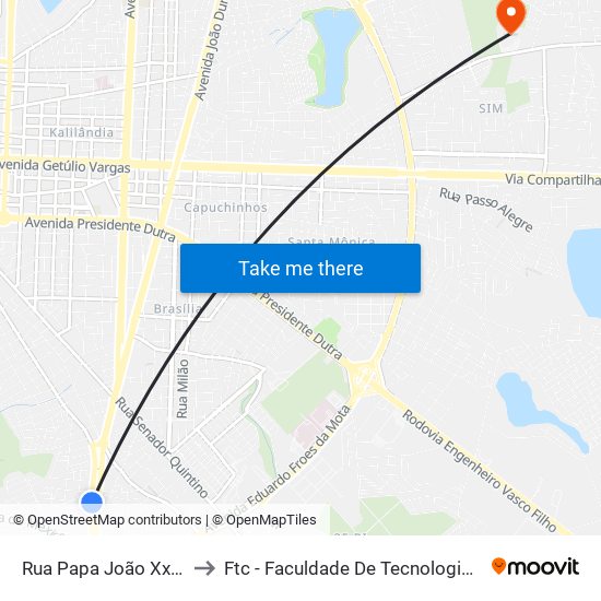 Rua Papa João Xxiii, 2629 to Ftc - Faculdade De Tecnologia E Ciências map