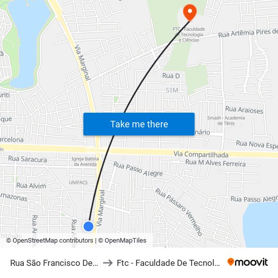 Rua São Francisco De Assis, 1382 to Ftc - Faculdade De Tecnologia E Ciências map