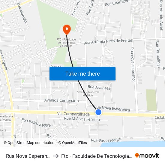 Rua Nova Esperança, 202 to Ftc - Faculdade De Tecnologia E Ciências map