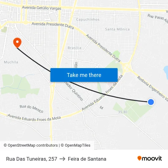 Rua Das Tuneiras, 257 to Feira de Santana map