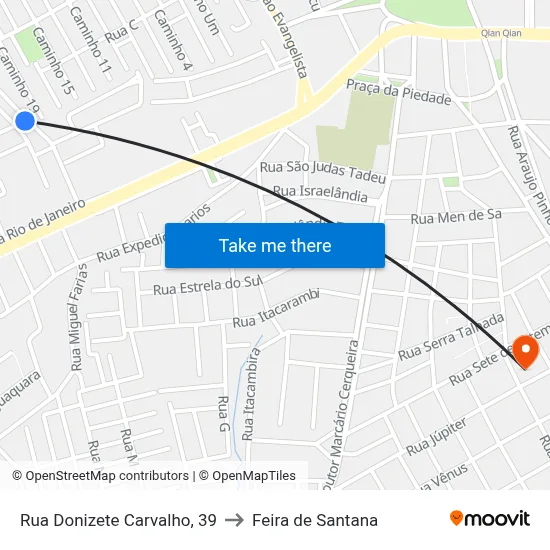 Rua Donizete Carvalho, 39 to Feira de Santana map