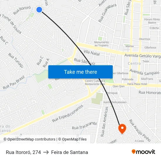 Rua Itororó, 274 to Feira de Santana map