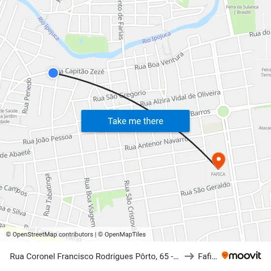 Rua Coronel Francisco Rodrigues Pôrto, 65 - Caruaru to Fafica map