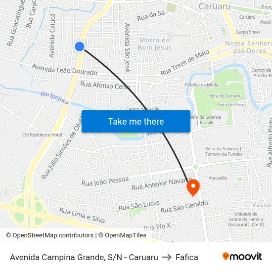 Avenida Campina Grande, S/N - Caruaru to Fafica map