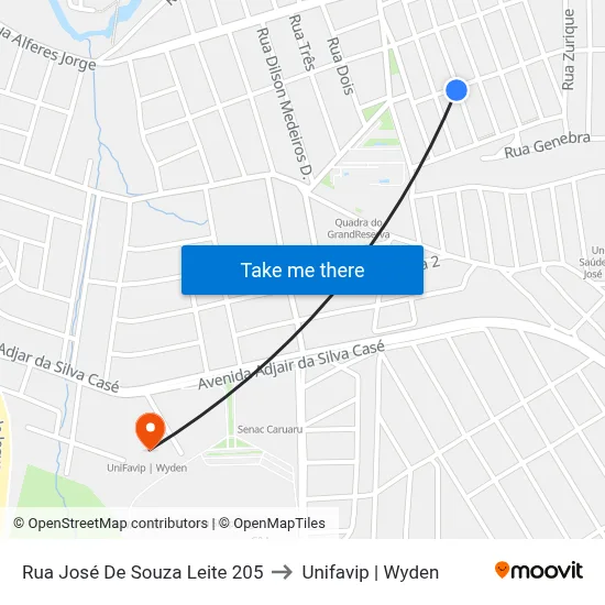 Rua José De Souza Leite 205 to Unifavip | Wyden map