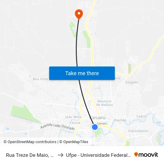 Rua Treze De Maio, 124 - Caruaru to Ufpe - Universidade Federal De Pernambuco map