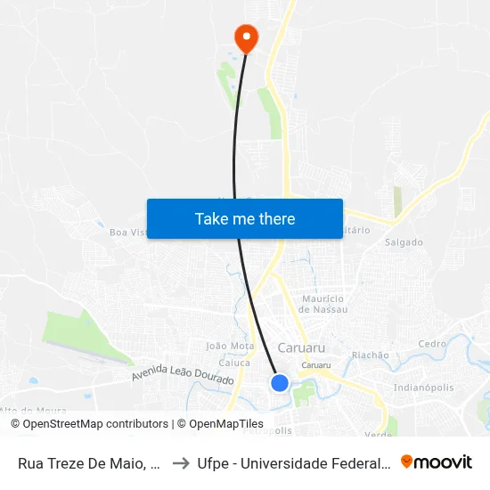 Rua Treze De Maio, 230 - Caruaru to Ufpe - Universidade Federal De Pernambuco map
