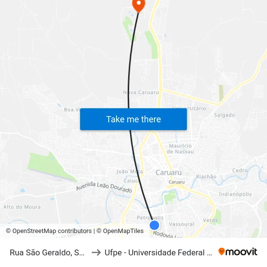 Rua São Geraldo, S/N - Caruaru to Ufpe - Universidade Federal De Pernambuco map