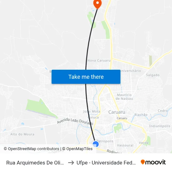 Rua Arquimedes De Oliveira, S/N - Caruaru to Ufpe - Universidade Federal De Pernambuco map