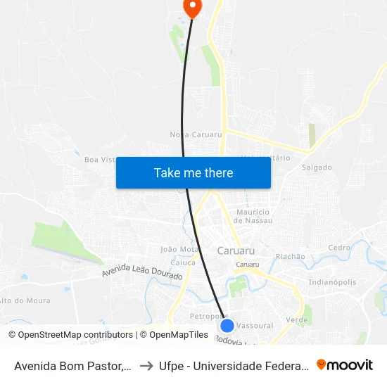 Avenida Bom Pastor, S/N - Caruaru to Ufpe - Universidade Federal De Pernambuco map