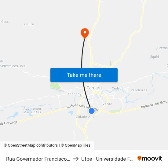Rua Governador Francisco De Moura Cavalcante 163 to Ufpe - Universidade Federal De Pernambuco map