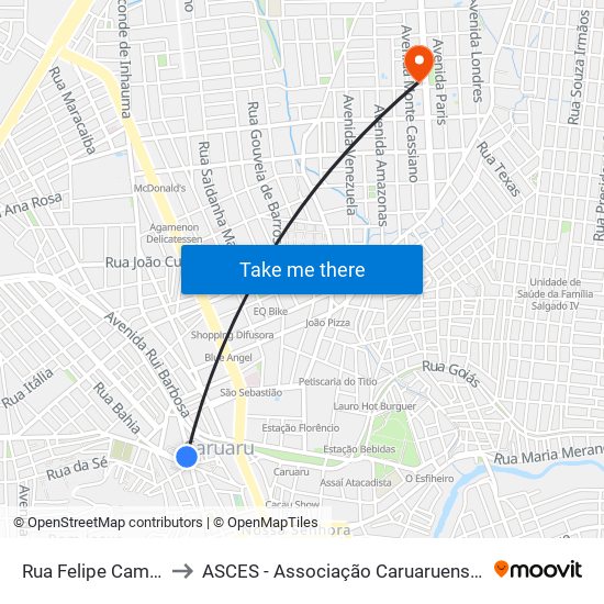 Rua Felipe Camarão 11-35 to ASCES - Associação Caruaruense de Ensino Superior map