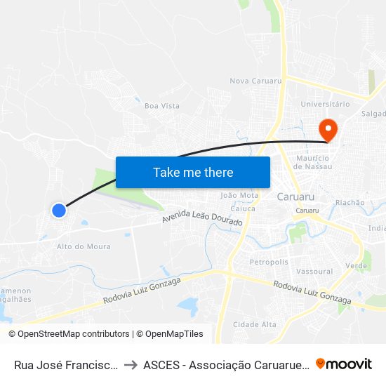 Rua José Francisco De Moura, 99 to ASCES - Associação Caruaruense de Ensino Superior map