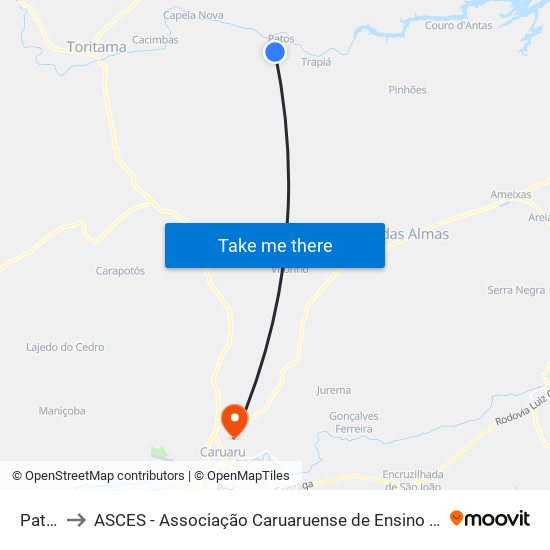 Patos to ASCES - Associação Caruaruense de Ensino Superior map