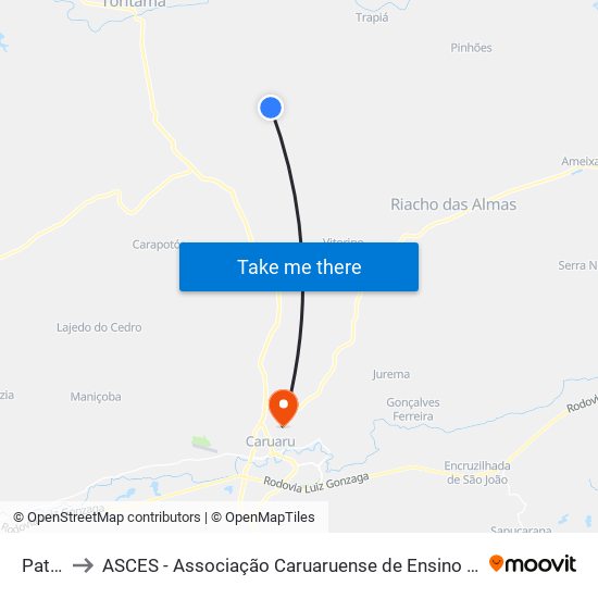 Patos to ASCES - Associação Caruaruense de Ensino Superior map