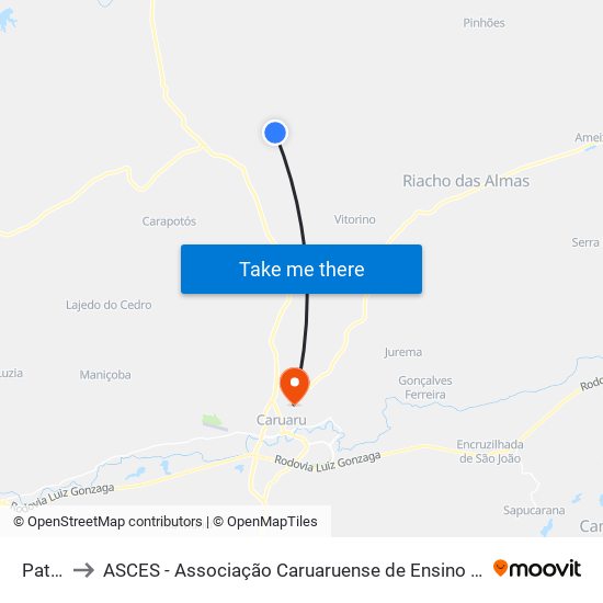 Patos to ASCES - Associação Caruaruense de Ensino Superior map