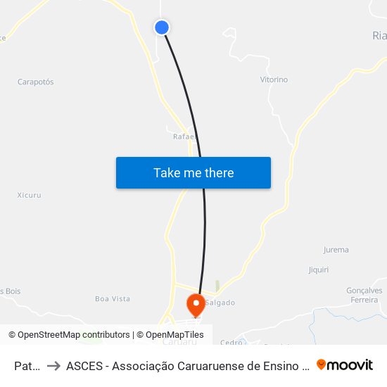 Patos to ASCES - Associação Caruaruense de Ensino Superior map