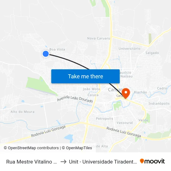 Rua Mestre Vitalino 65 to Unit - Universidade Tiradentes map