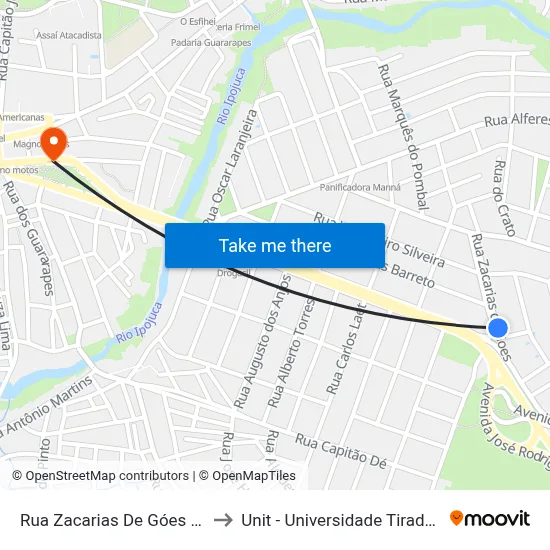 Rua Zacarias De Góes 1100 to Unit - Universidade Tiradentes map