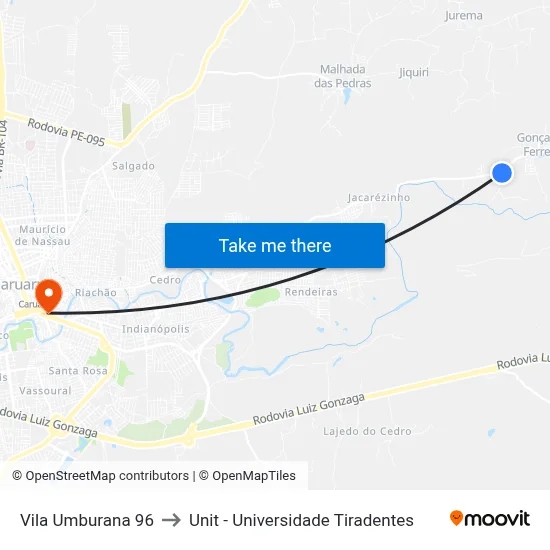 Vila Umburana 96 to Unit - Universidade Tiradentes map