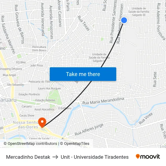 Mercadinho Destak to Unit - Universidade Tiradentes map