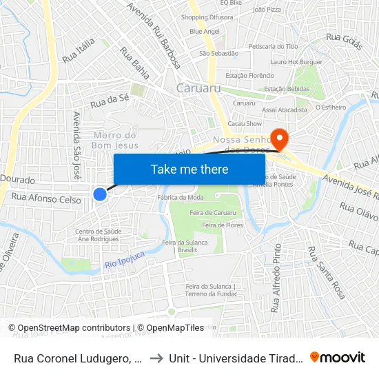 Rua Coronel Ludugero, S/N - Caruaru to Unit - Universidade Tiradentes map