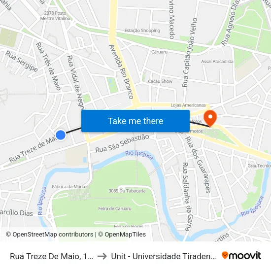 Rua Treze De Maio, 124 - Caruaru to Unit - Universidade Tiradentes map