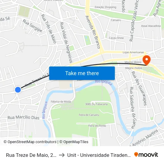 Rua Treze De Maio, 230 - Caruaru to Unit - Universidade Tiradentes map