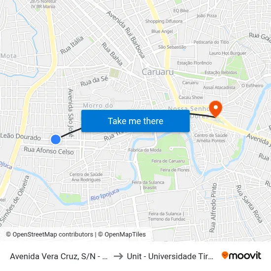 Avenida Vera Cruz, S/N - Caruaru to Unit - Universidade Tiradentes map