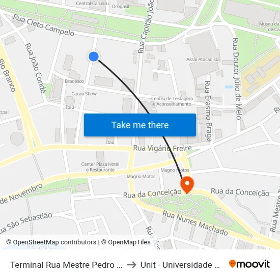 Terminal Rua Mestre Pedro | Life Center to Unit - Universidade Tiradentes map