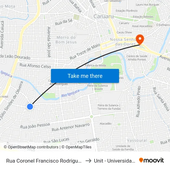 Rua Coronel Francisco Rodrigues Pôrto, S/N - Caruaru to Unit - Universidade Tiradentes map