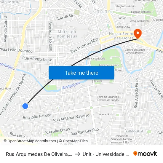 Rua Arquimedes De Oliveira, 95 - Caruaru to Unit - Universidade Tiradentes map