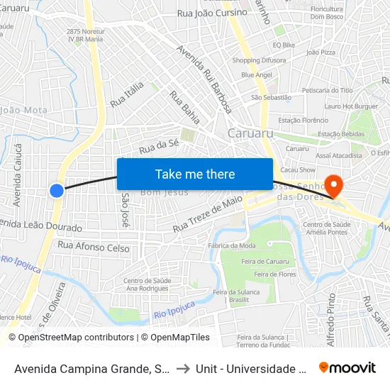 Avenida Campina Grande, S/N - Caruaru to Unit - Universidade Tiradentes map