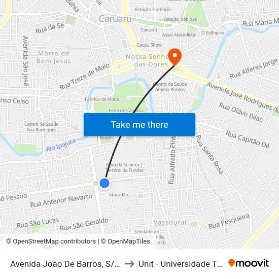 Avenida João De Barros, S/N - Caruaru to Unit - Universidade Tiradentes map