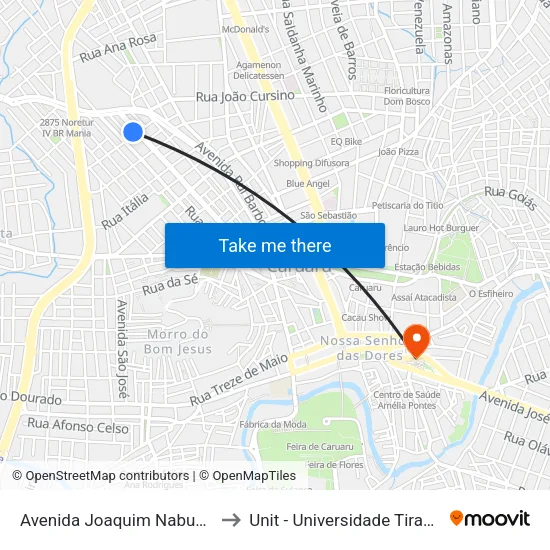 Avenida Joaquim Nabuco 729 to Unit - Universidade Tiradentes map