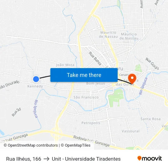 Rua Ilhéus, 166 - Caruaru to Unit - Universidade Tiradentes map