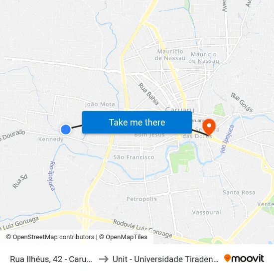 Rua Ilhéus, 42 - Caruaru to Unit - Universidade Tiradentes map